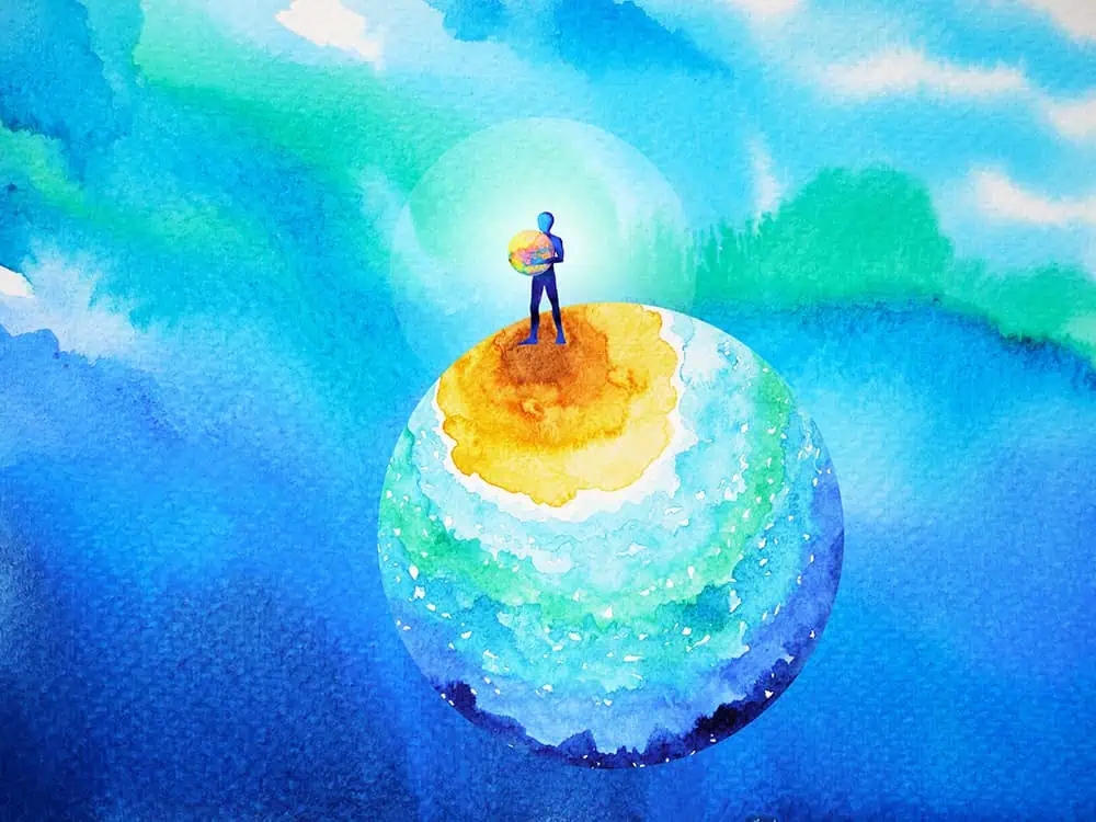 Man standing on universe watercolor painting