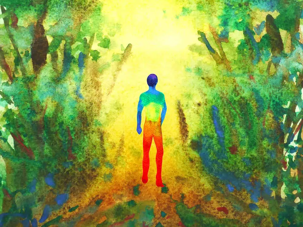 Man walking in forest watercolor painting