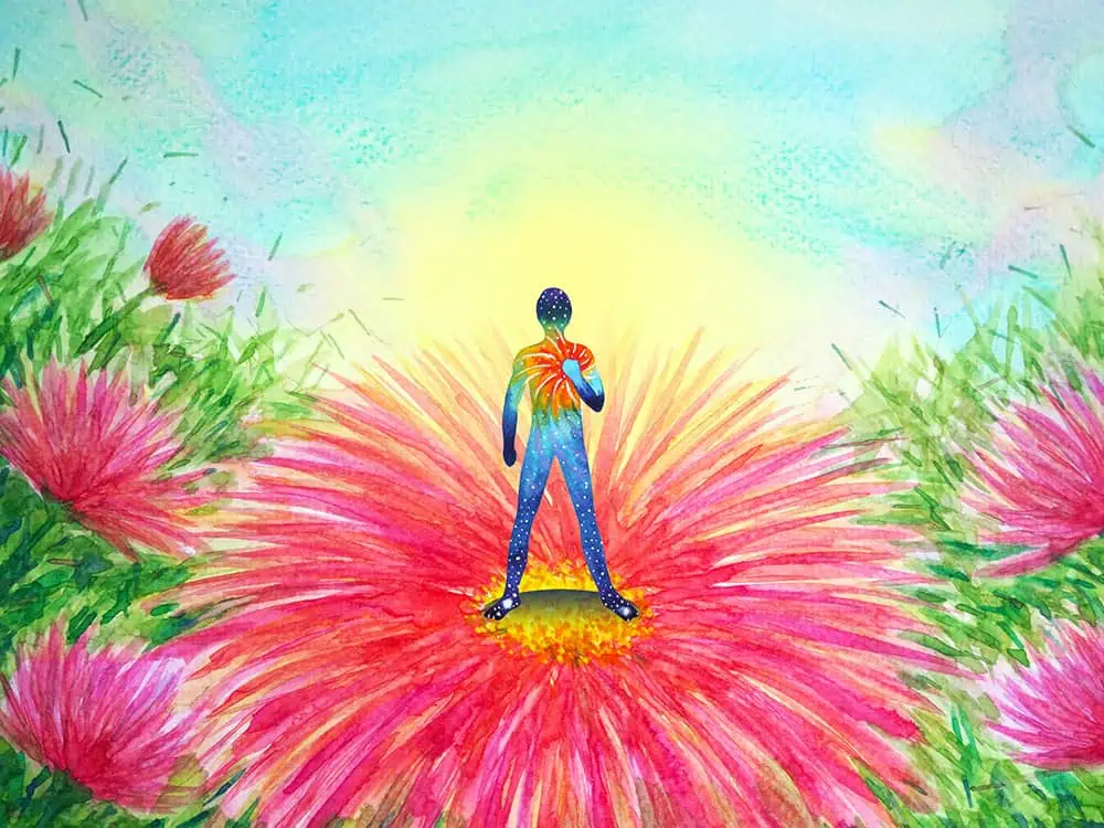 Person in blooming flower garden watercolor painting
