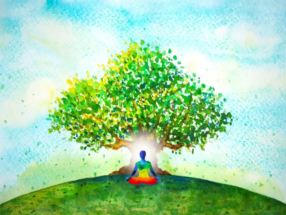 Person meditating under tree colorful watercolor painting