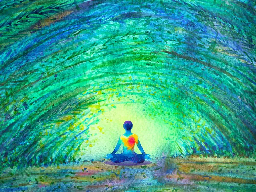 Person sitting in lotus pose in forest watercolor painting