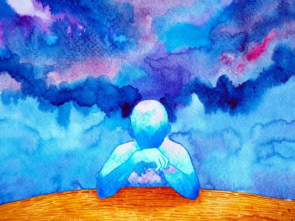 Person thinking with arms on table watercolor painting